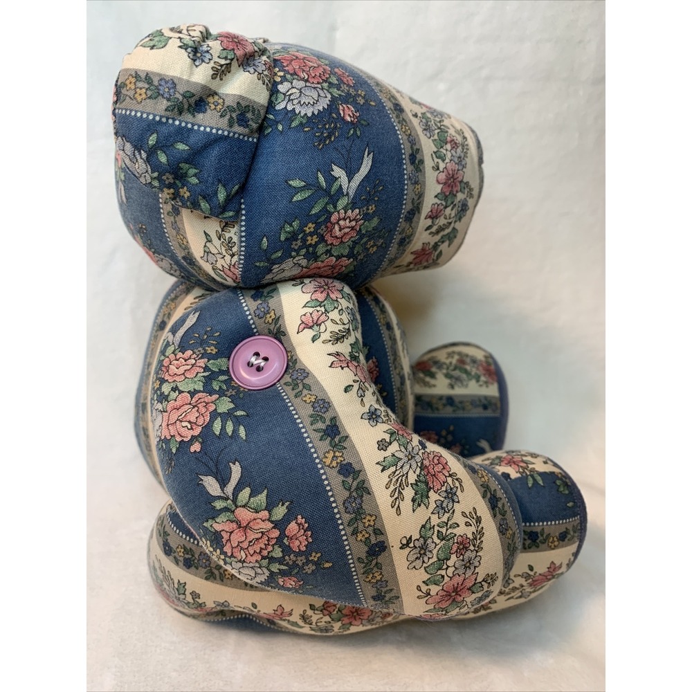 Vintage Patchwork Teddy Bear Stuffed Plush Floral Jointed Poseable Quilt Button‎ - Picture 7 of 12